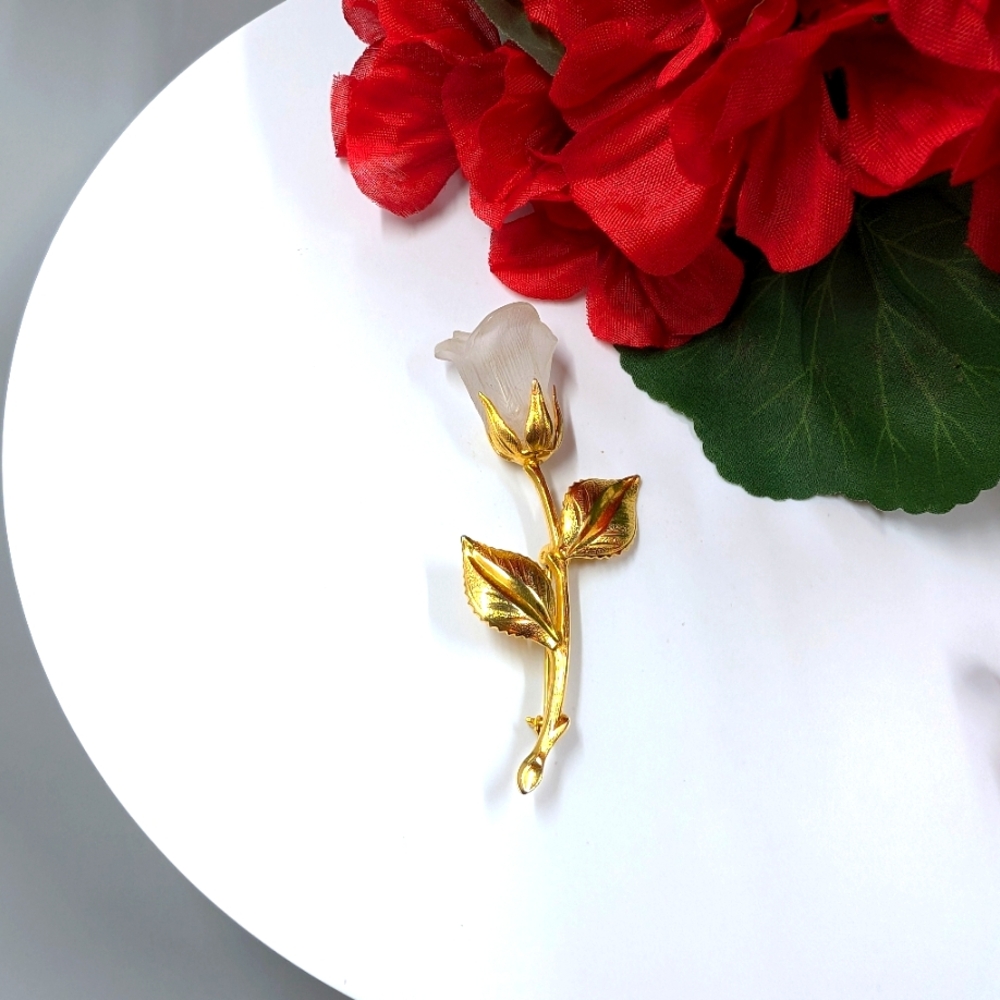 Lucite and Gold Plated Rose Vintage Brooch